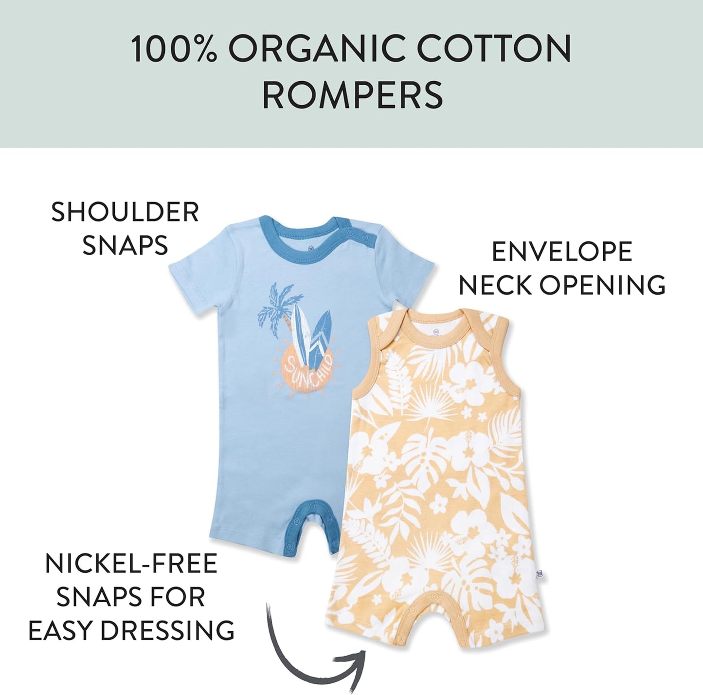 HonestBaby Short Sleeve and Tank Romper 100% Organic Cotton for Infant Baby and Toddler Boys